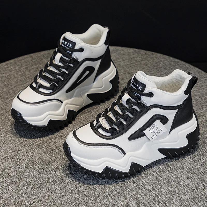 Genuine Leather 7CM Casual Sneakers Women  New Chunky Platform Sports Shoes Ladies High Heels Designer Tennis Thick Bottom