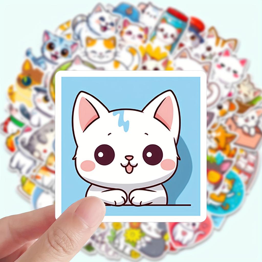 50pcs Cute Cartoon Cat Doodle Stickers | Vinyl, Mixed Color, Single Use, Ideal for Scrapbooking and Planners - Reward Gift