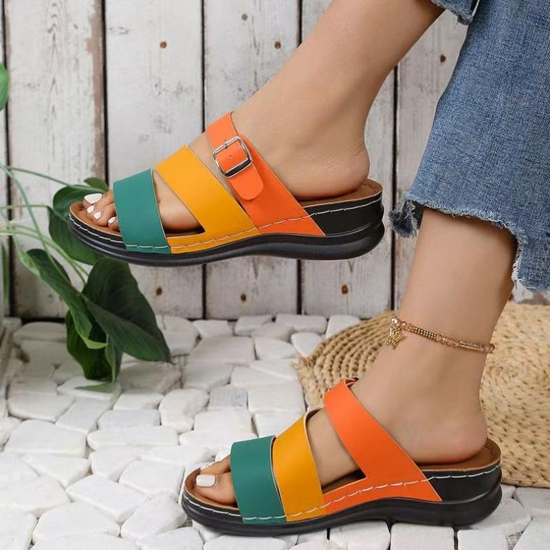 Fashion 2025 Summer Open Toe Women's Slippers Fashion Belt Buckle Outdoor Plus Size Casual New Color Matching Best Seller Wedge Slippers