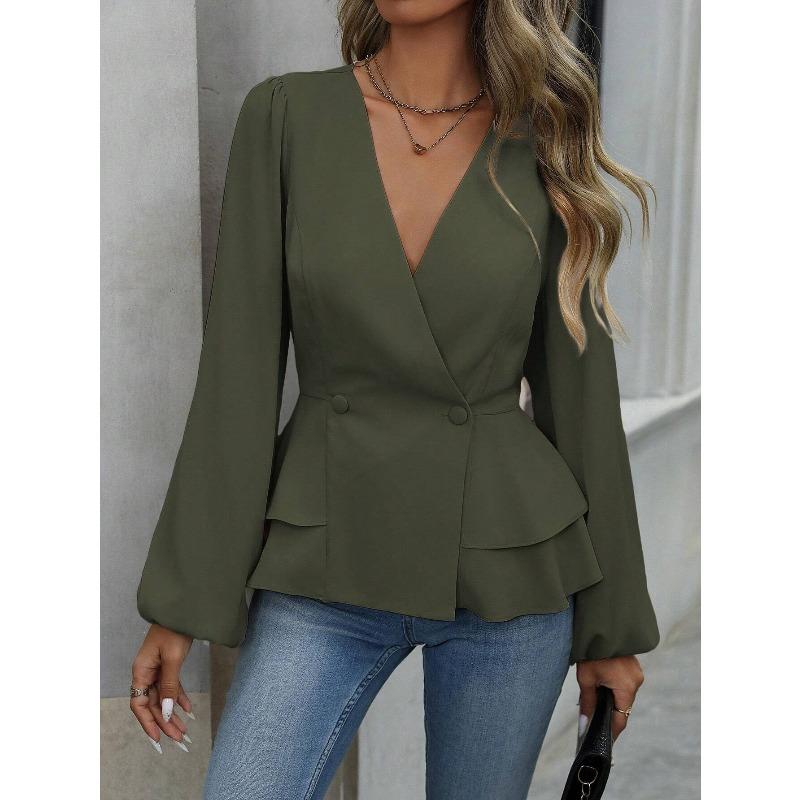 JPNTKY Women's Fashion Casual Solid Color Print Long Sleeve V Neck Blouses & Shirts Unique Design
