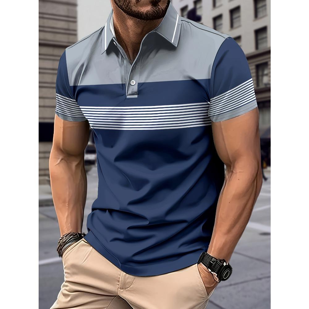 Men's fashion color blocked shirt, lapel golf shirt, short sleeved