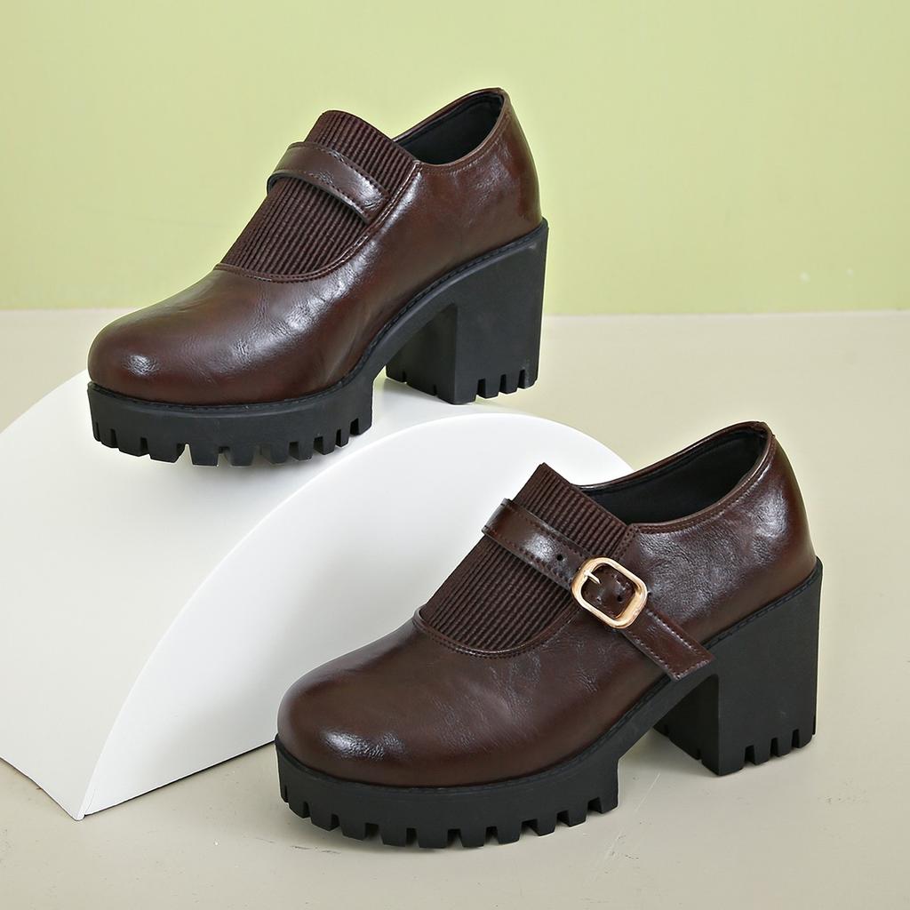 Muffin foreign trade thick heel deep mouth professional single shoes women's autumn large size thick sole British high heel small leather shoes