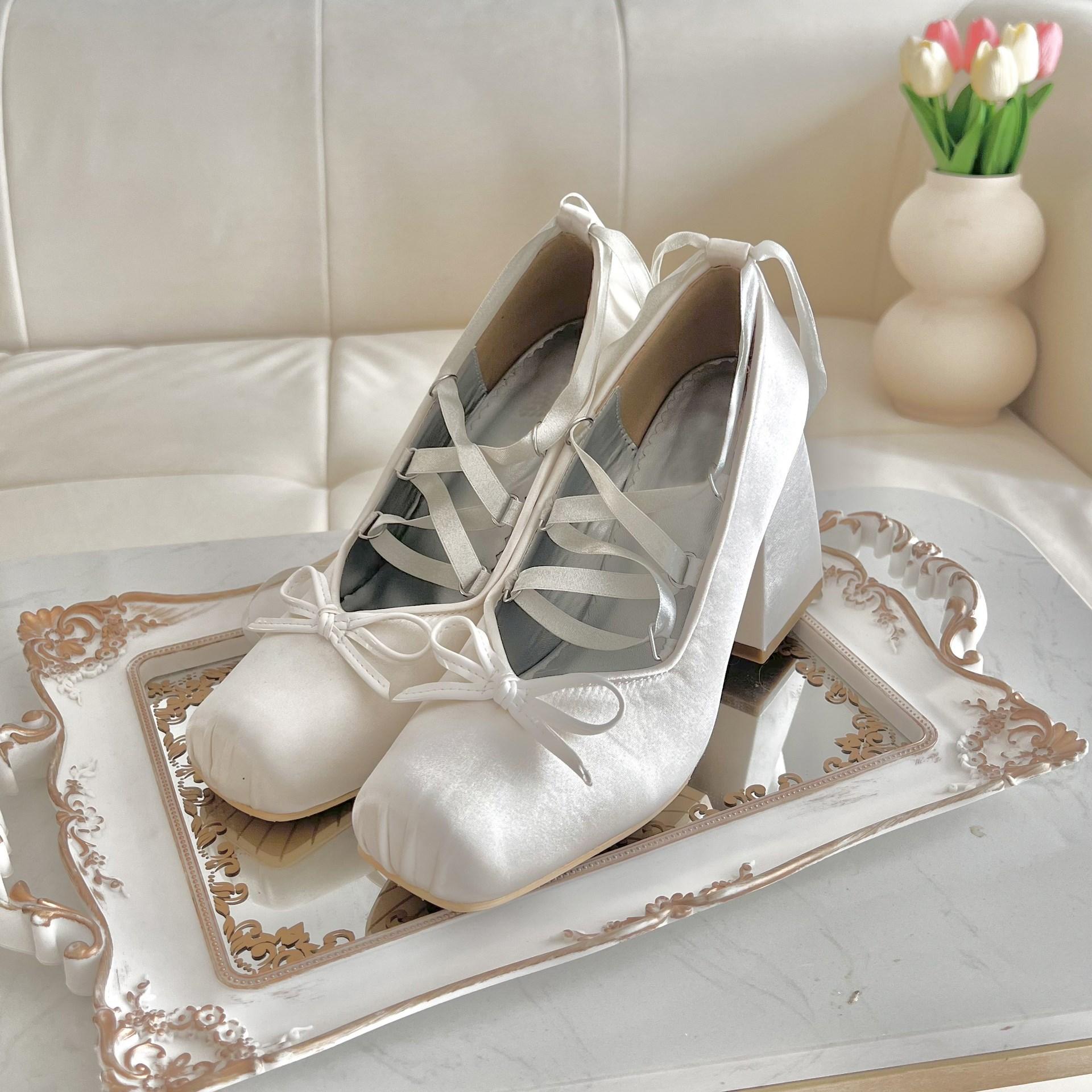 

Spot Ballet Fashion High Heels Outer Wear Cross Strap Mary Jane French Satin Bow Lolita 34