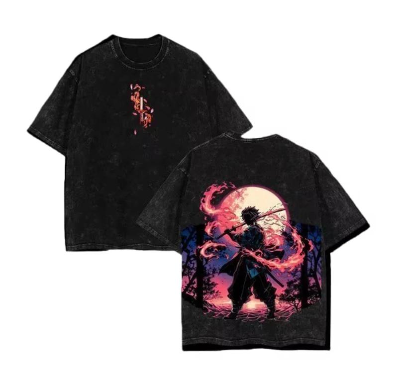 2026 Streetwear Demon Slayer Vintage Washed T-shirt Oversized Man Women Short Sleeve Tee Anime Printed Casual Tops Summer Y2k