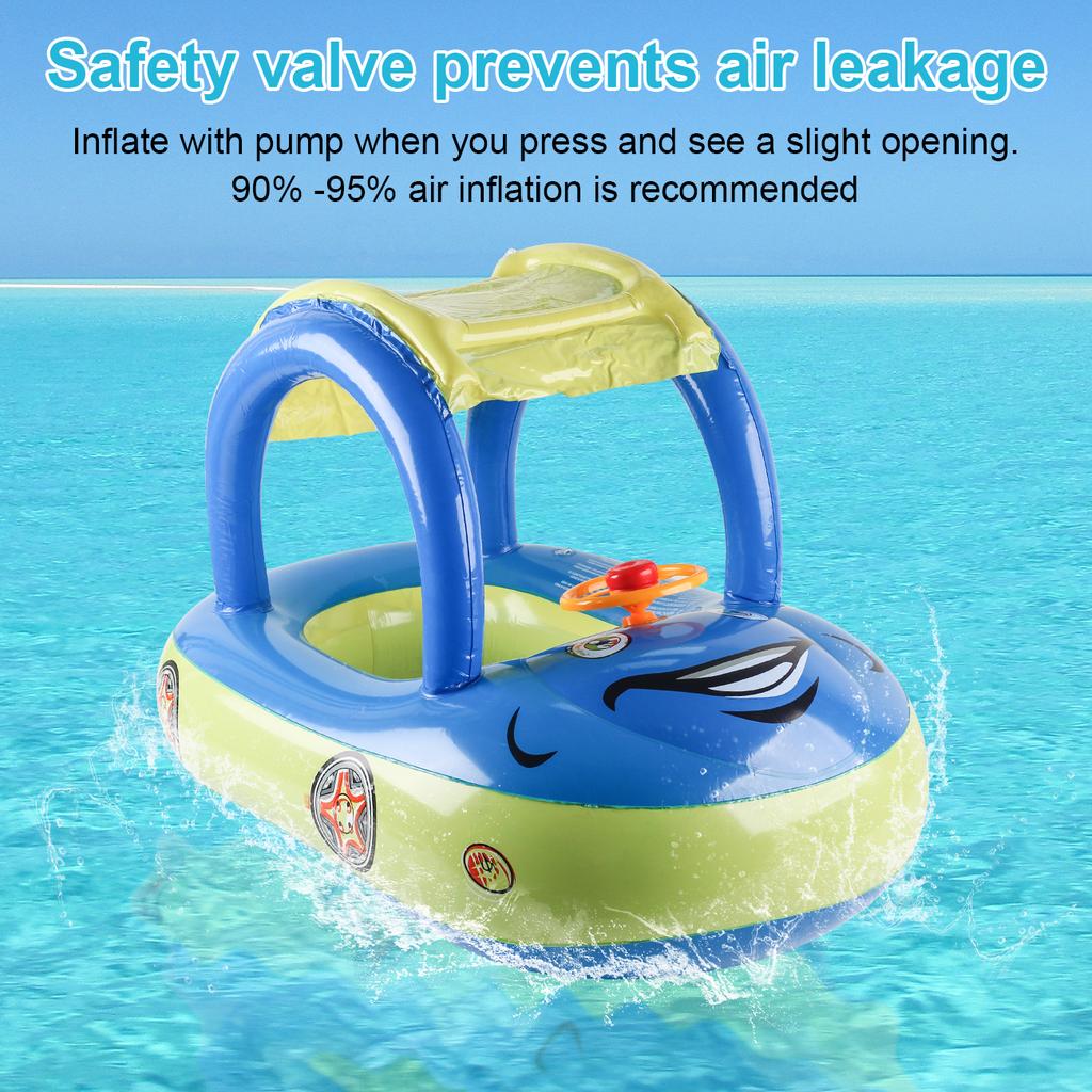 1pc Inflatable Baby Pool Seat Float with Canopy Sun Shade Swim Ring Water Seat Lounge Float with Steering Wheel Handles