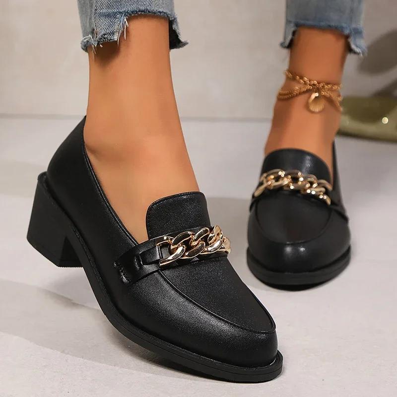 Fashion Metal Chain Black Loafers Shoes for Women 2025 Spring Comfortable Chunky Heels Pumps Woman Black Pu Leather Slip On Dress Shoes