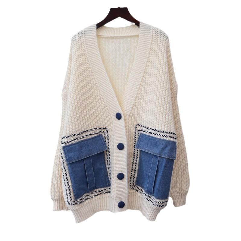 Autumn and winter new loose splicing denim pocket knitted cardigan design sweater jacket women
