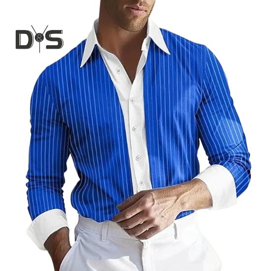 

Мужская рубашка с длинным рукавом, лацканами, дизайном, рубашка с пуговицами, планкой, полосатым принтом, цветная рабочая рубашка в стиле пэчворк M синий