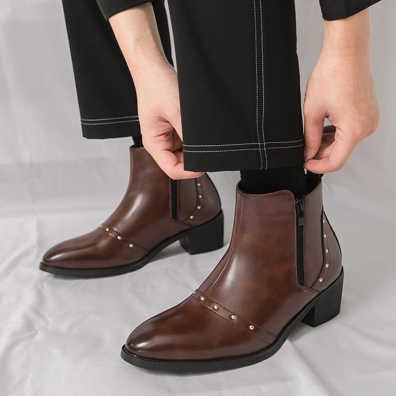 Men’s Short Boots Elevator Chelsea Boots Retro Tuxedo Ankle Boots Pointed Toe Retro Black Heel Boots Large Size