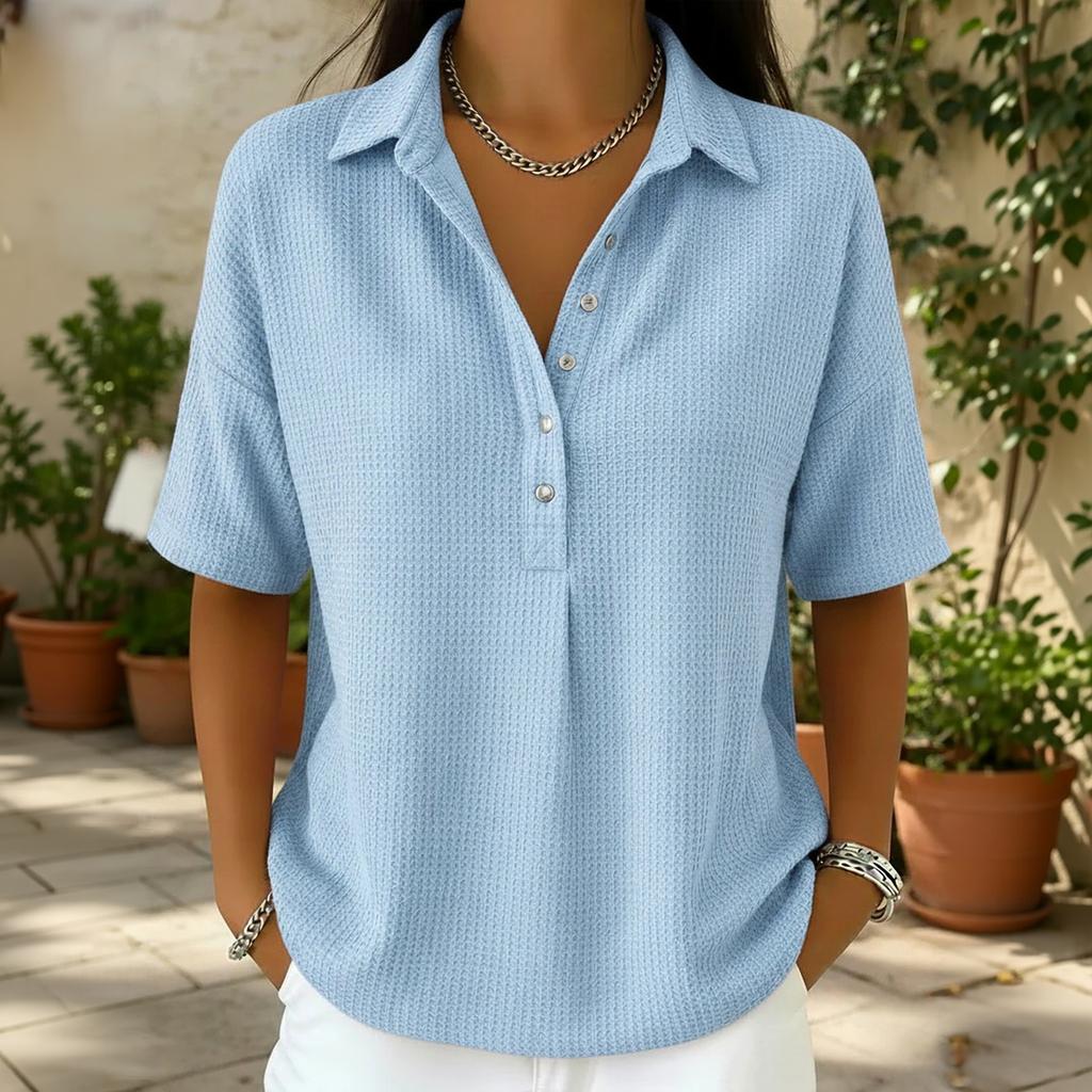 Women's Casual Waffle Knit Polo Shirt Short Sleeve Button Up Relaxed Fit Lightweight Top for Everyday Wear