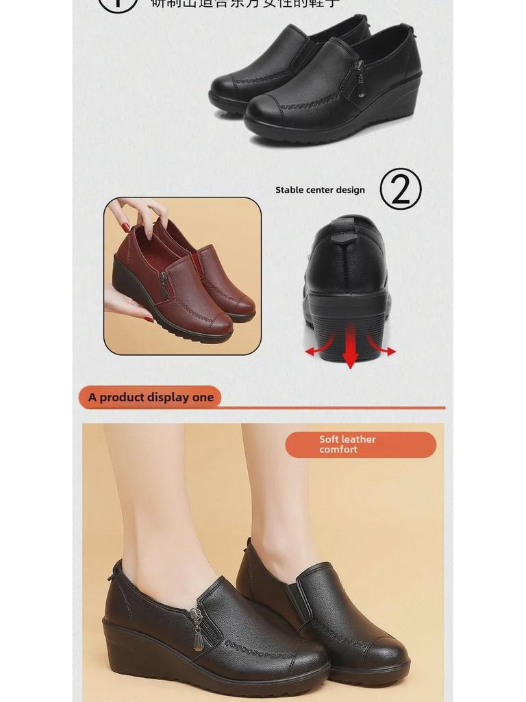 Scarpe con zeppa in pelle da donna primavera e autunno 2025 - Scarpe comode singole per mezza età e anziani