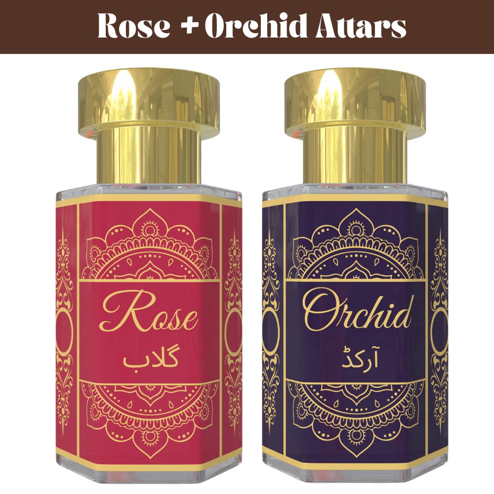 Комбо Rose Attar и Orchid Attar – Классические Цветочные и Мягкие Экзотические Ароматические Масла | Безспиртовой Унисекс Набор Парфюма с Роликовым Аппликатором | 2 x 6 мл Pack= 6ml