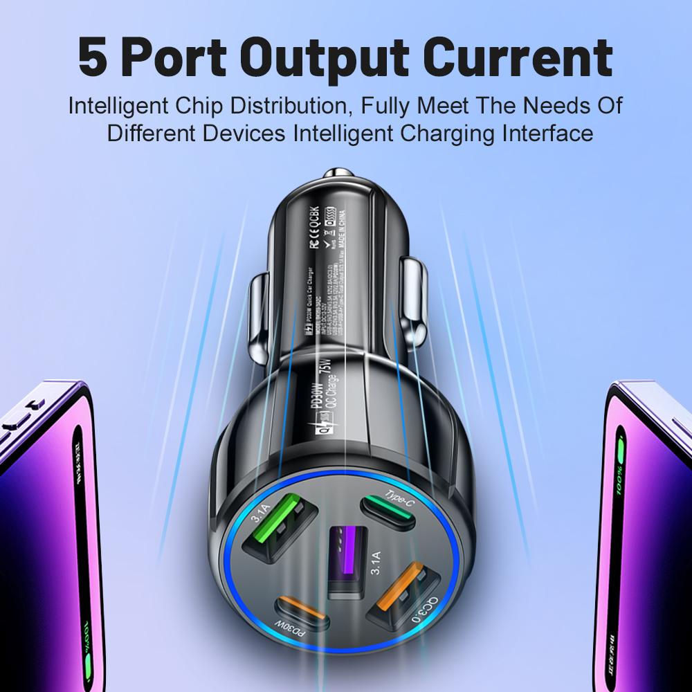 75W Car Charger Multiple 4 Fast Quick Charging Ports Type C USB PD Mobile Phone Adapter in Car for iPhone Xiaomi Huawei Samsung
