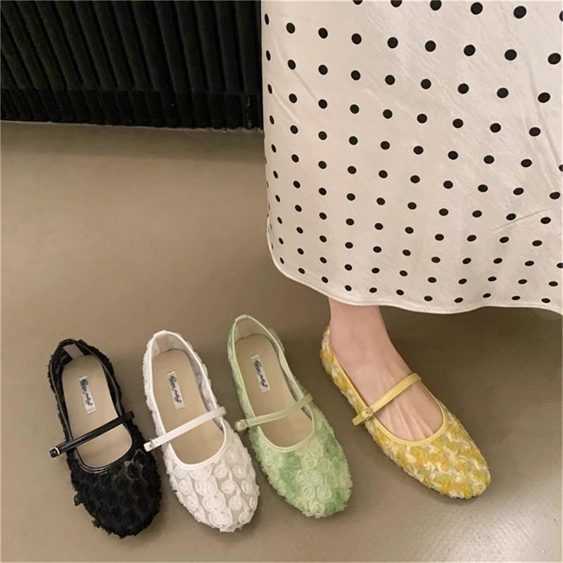 Fashion SUOJIALUN 2025 Summer New Women Flat Shoes Fashion Flower Lace Slip On Mary Jane Shoes Soft Flat Heel Outdoor Dress Single Shoes