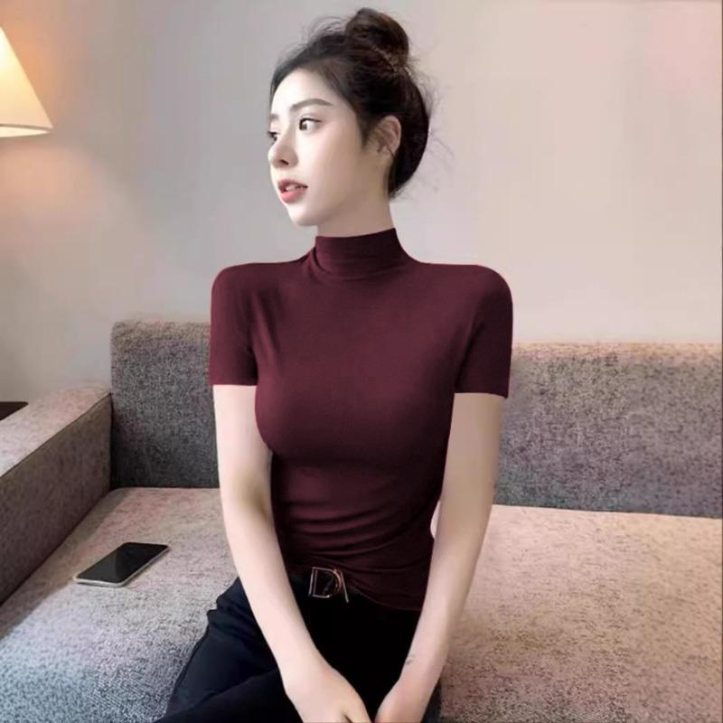 New Ancora Red Half Turtleneck Short-sleeved Bottoming Shirt for Women to Wear with Summer, Spring and Autumn New Style Tops