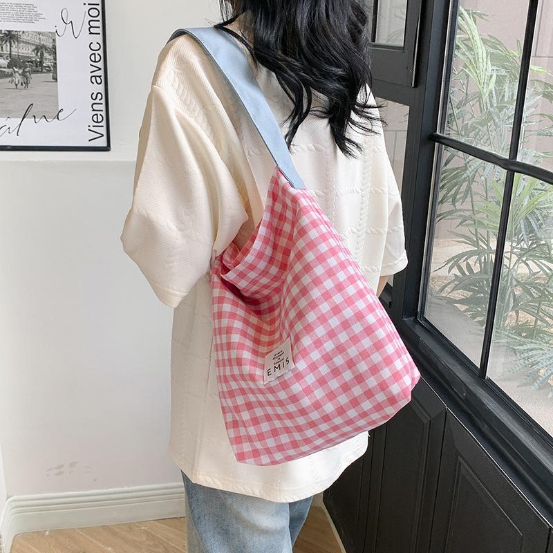 Canvas Bag Women's New Style Casual Contrast Color Plaid One Shoulder Cloth Bag College Student Literary Commuter Tote Bag