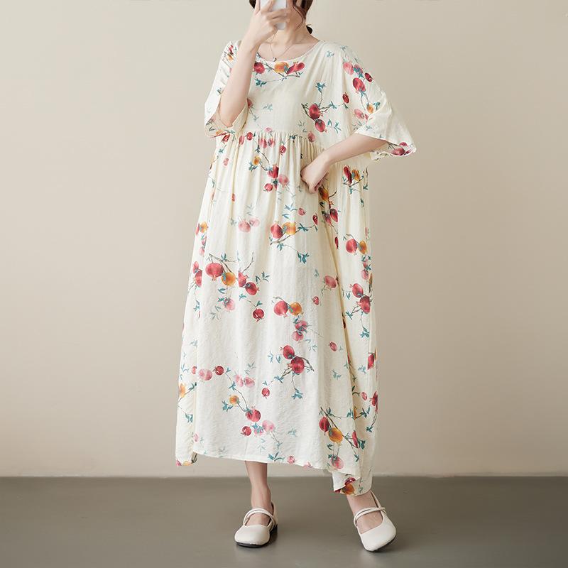 Summer New Mori Large Size Short-sleeved Dress Women Loose Casual Printed Long Skirt