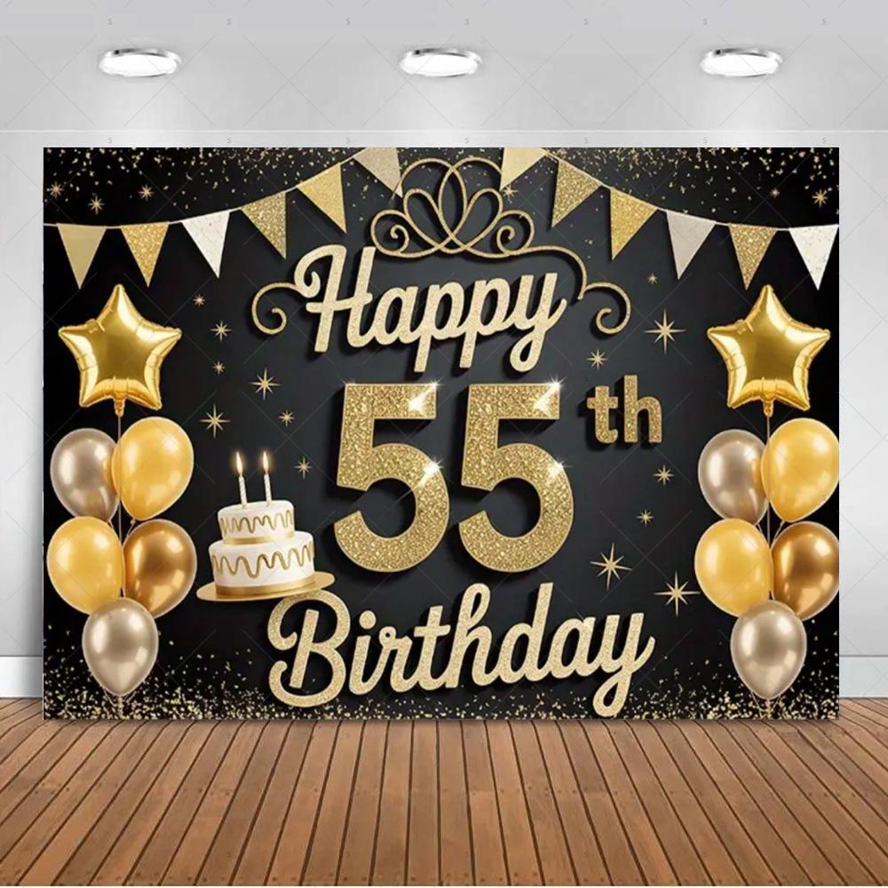 Sfondo per 55° Compleanno Forniture Palloncini Nero Oro 55 Anni Sfondo Decorazione Festa Scintillante Oggetti di Scena per Servizio Fotografico