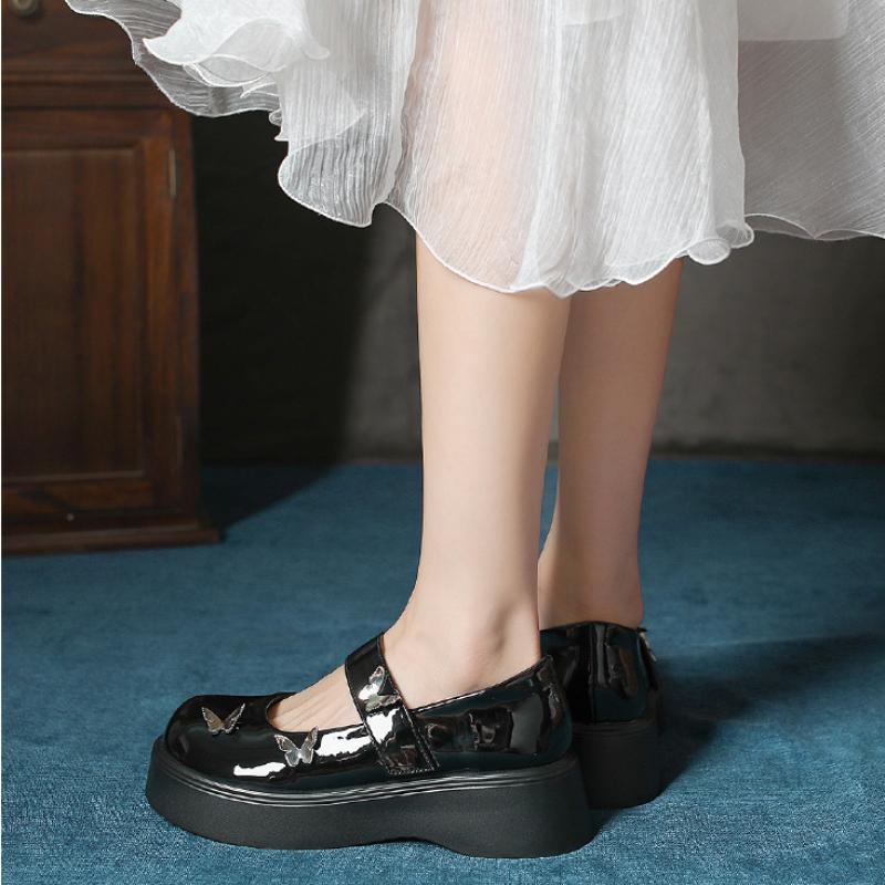 Korean Version Butterfly Decoration Small Leather Shoes Thick Bottom 2024 New Fashion Casual Mary Jane Women Shoes Summertime
