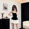 Sweet Girly Black and White Color Blocked Pleated Mini Dress with Heart Neckline  Ladies' Spaghetti Strap Ruffle Waist Fitting Party Club Short Dress