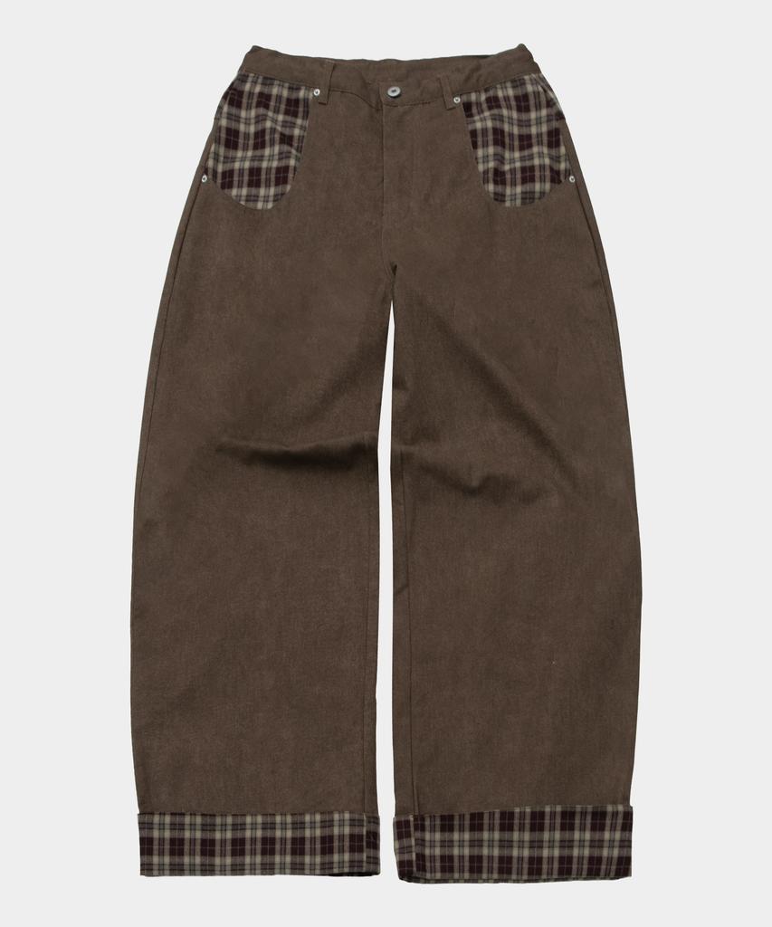 SOMEPLACE MAN Point Check Pocket Color Block Rolled-Up Oversized Wide Cotton Pants [Brown]