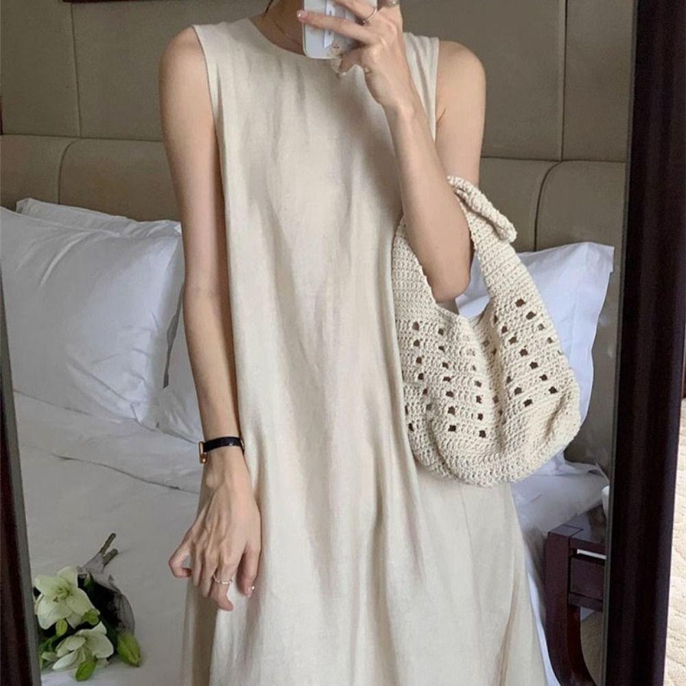 Solid Summer Sleeveless Dress Round Neck Open Back Long Dress Fashion Vocation Vest Dresses Teens