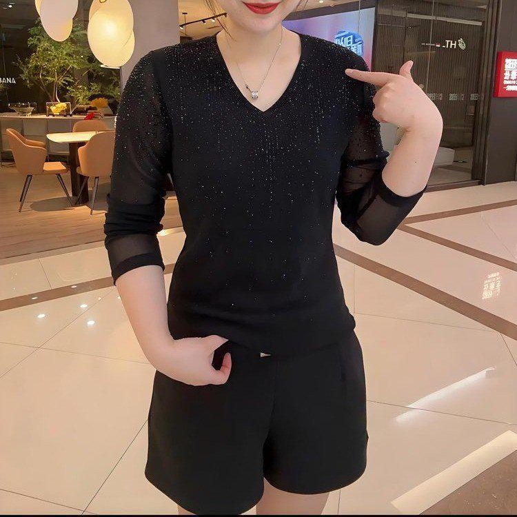 2026 Spring/Autumn Women's Rhinestone Knit Cardigan & Long Sleeve V-neck T-shirt