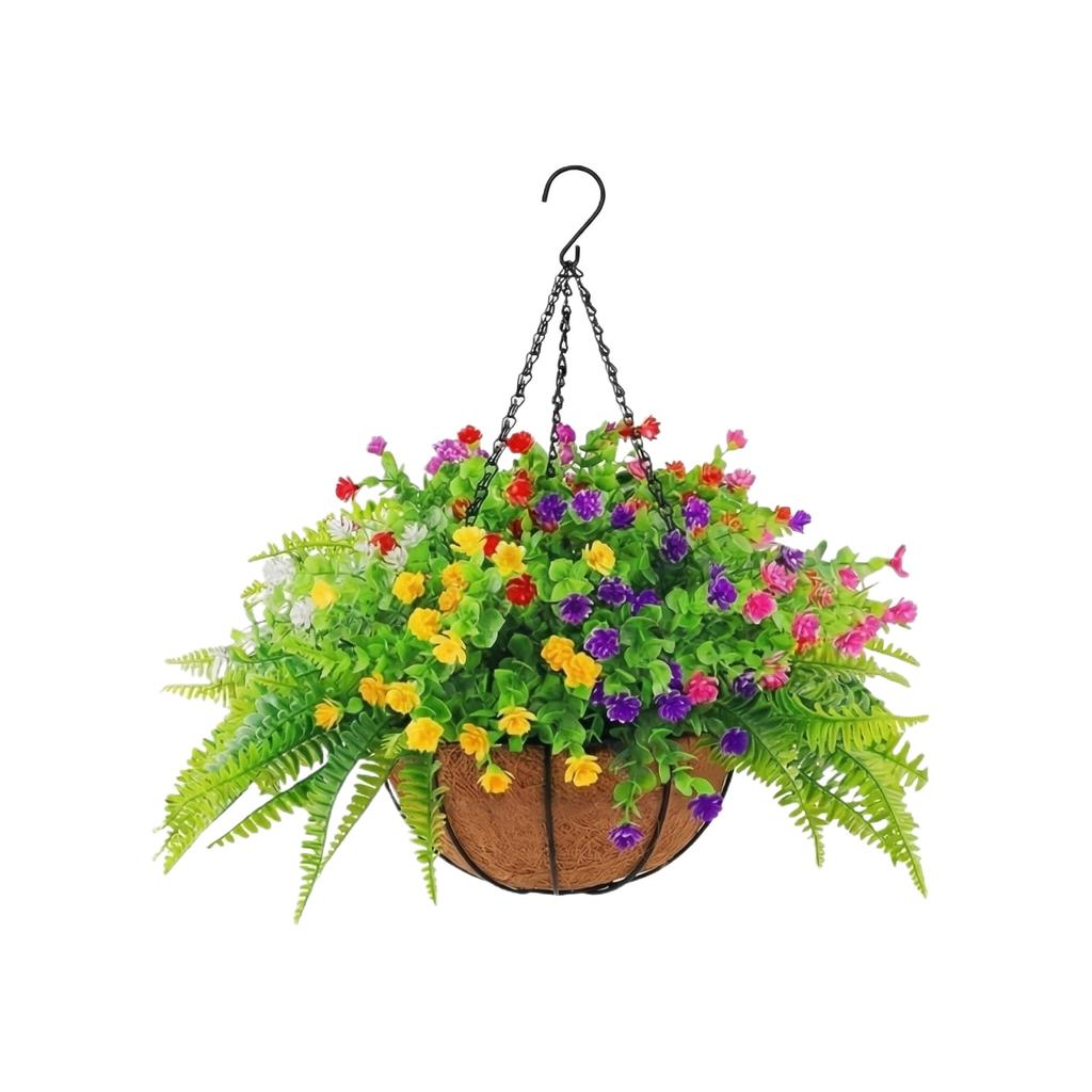 Artificial Flowers Hanging Basket for Outdoor Indoor with Leaves Faux Green Fern Plant in Pot