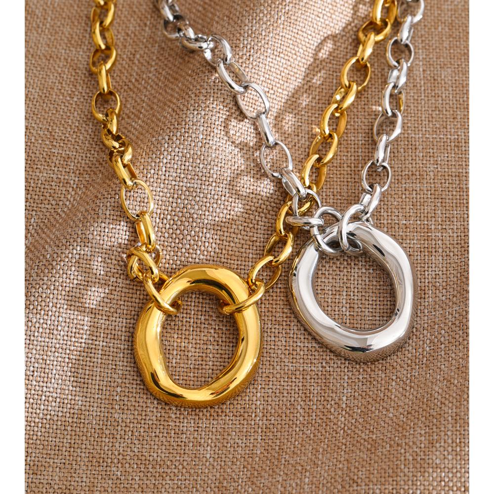 Yhpup Stainless Steel Metal Hollow Round Pendant Statement Necklace 16K Golden Platinum PVD Plated Daily Casual Collar Jewelry