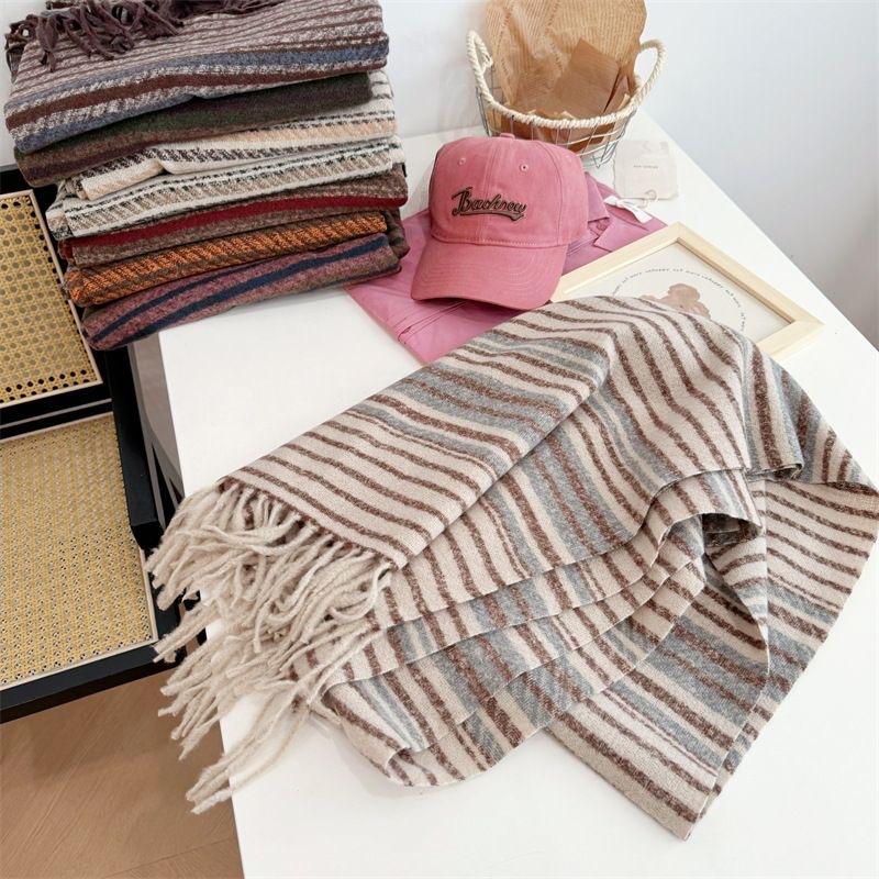 New Winter Imitation Cashmere Scarf for Women Versatile Korean Style Striped Thickened Scarf To Keep Warm In Air Conditioned Rooms