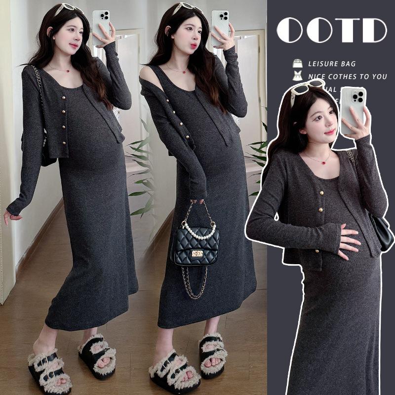 Autumn Maternity Sleeveless Cardigan & Dress Set M
