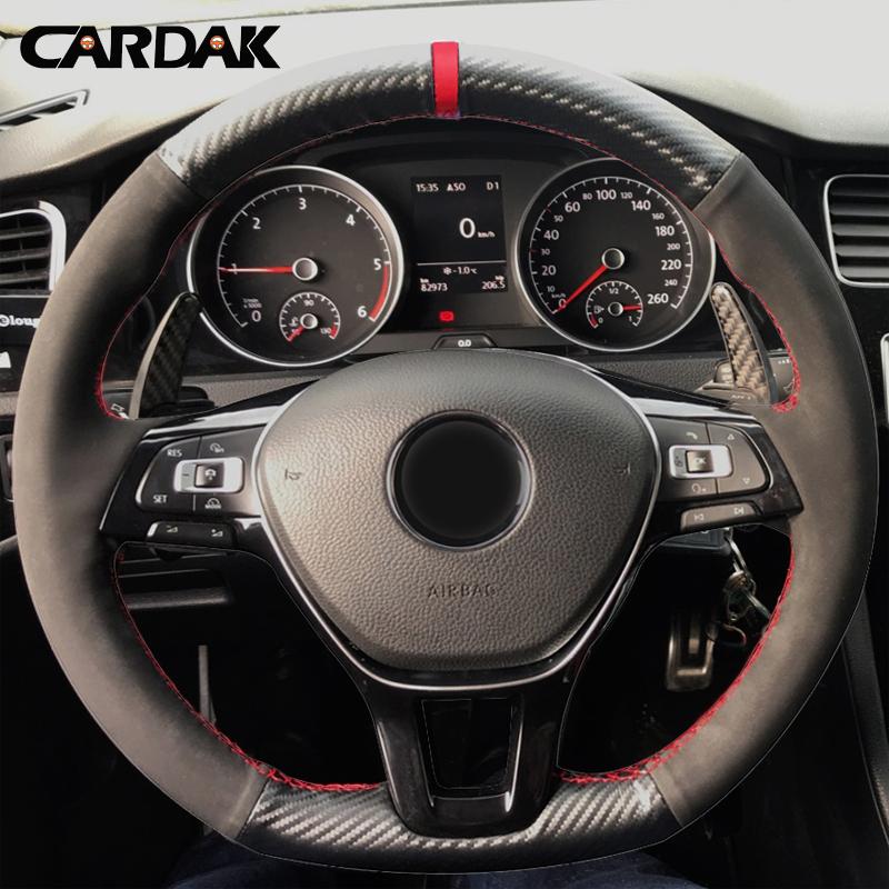 CARDAK Hand-stitched Black Suede Steering Wheel Cover for Volkswagen VW Golf 7 Mk7 New Polo Jetta Passat B8