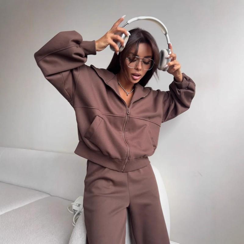 Womens Solid Color Long Sleeve Zip-Up Hooded Sweatshirt Drawstring Pants 2-Piece Casual Set Streetwear Outfit