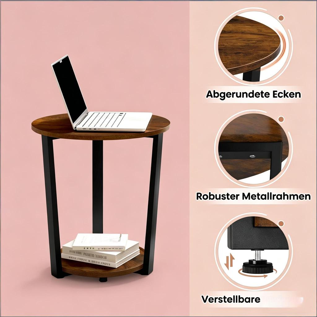 Storage Table with 2 Shelves, Practical Small Table, Round Side Table, Coffee Table, Plant Table (only with coffee table)
