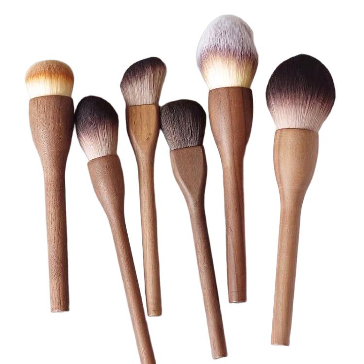 Large Vintage Walnut Wood 6-Piece Face Makeup Powder Brush Set Nylon Vegan Wood Handle Customizable Travel-Friendly Makeup