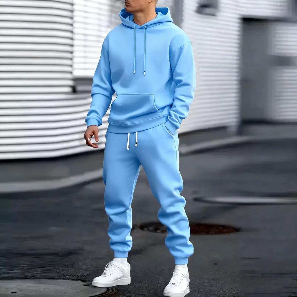 Autumn and winter new men's hooded sweater set solid color sports and leisure set hoodie two-piece set