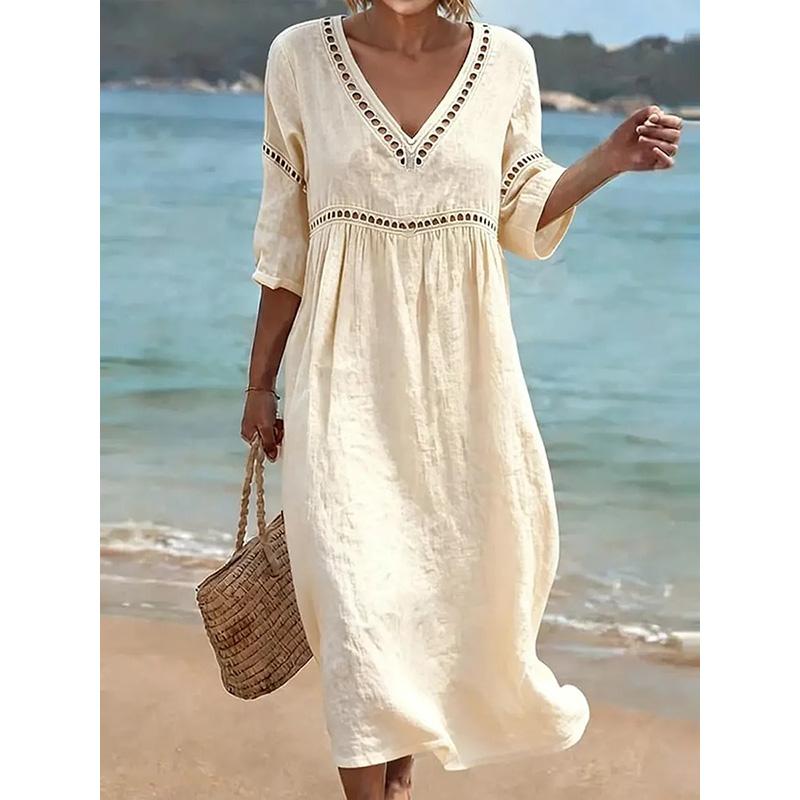 Women s V-Neck Solid Color 3/4 Sleeve Midi Dress Casual Elegant Summer S