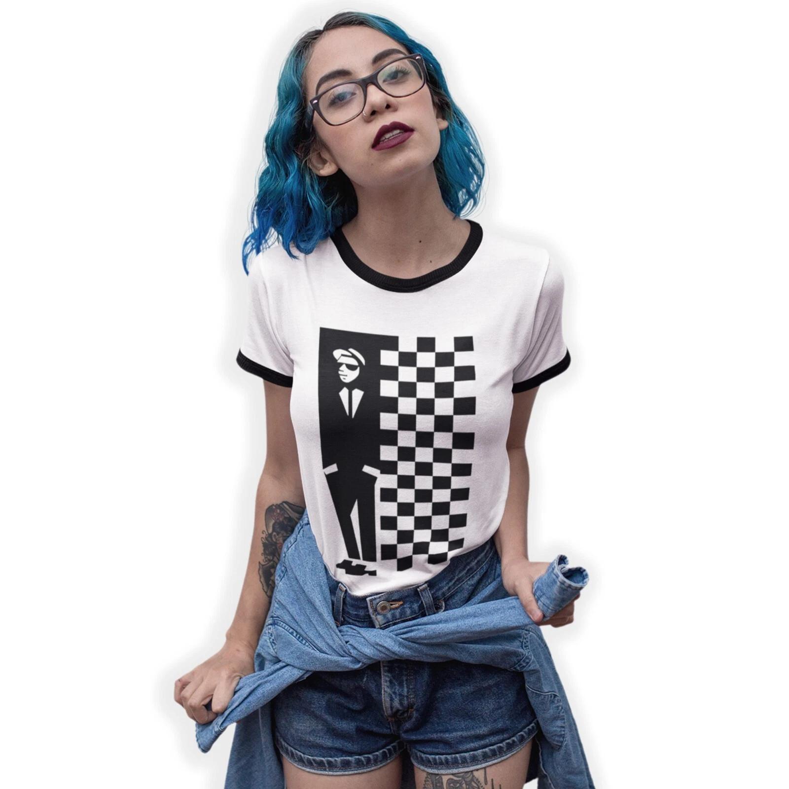 Ska Man Chequerboard Print Ringer T-Shirt Birthday Gift Ska Two Tone Bluebeat M