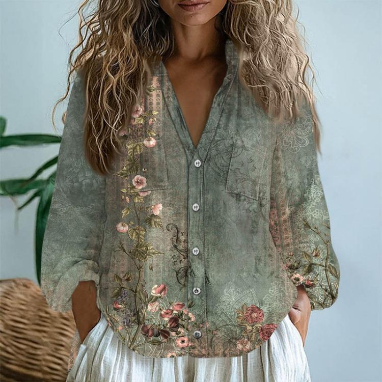 Vintage Boho Dámské bavlněné lněné topy Volné halenky s dlouhým rukávem a výstřihem do V