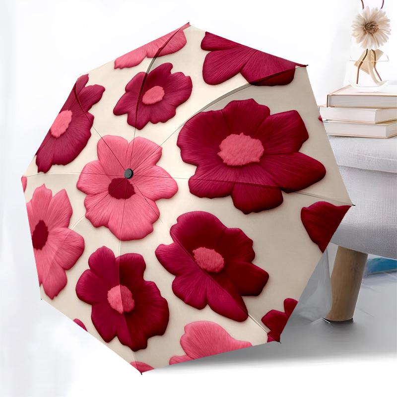 1pc Floral Pattern Pink Flowers Automatic Folding Umbrella, Heavy Duty 8 Rib Iron Frame,  Suitable for Travel, Daily Use, Birthday, Decor Gift