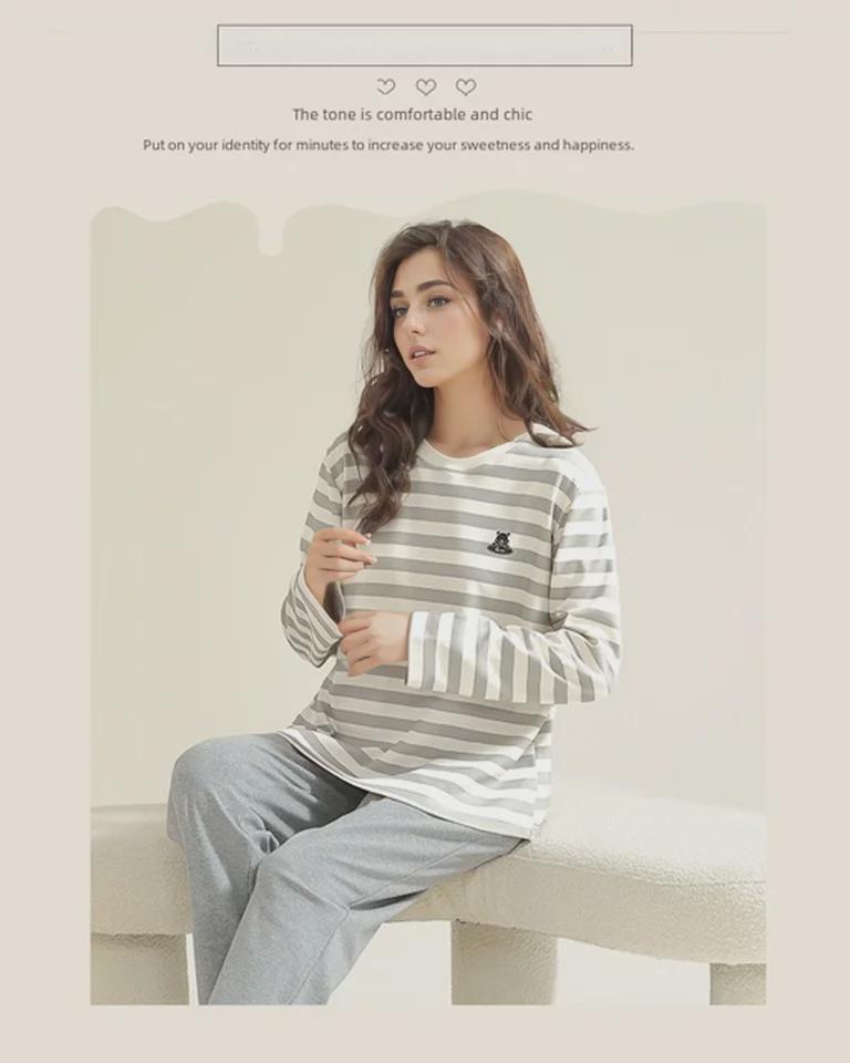 Pijama feminino de manga comprida com estampa de desenho animado e protetores de peito - algodão fino para uso interno/externo na primavera, outono e inverno