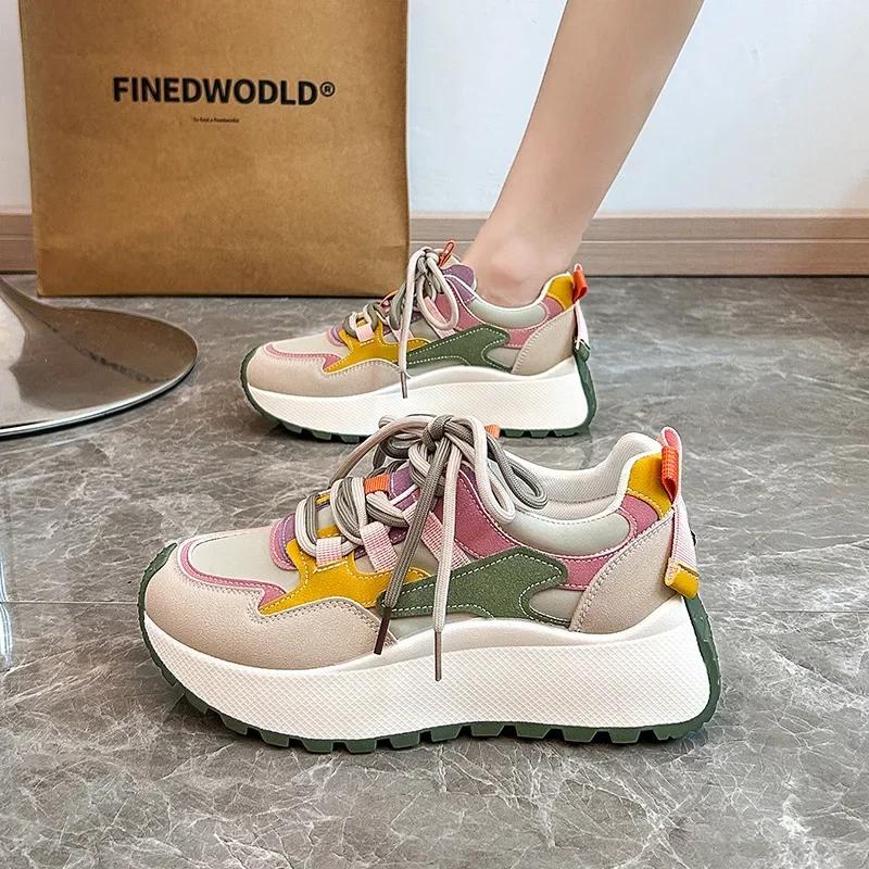 Modne Damskie Sneakersy Platforma Patchwork Casualowe Buty Sportowe Damskie Sznurowane Outdoorowe Buty do Biegania Wulkanizowane Tenis Feminino2025