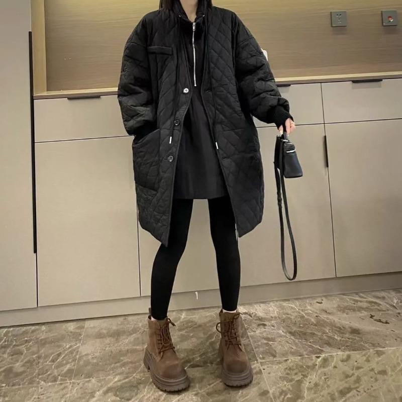 Winter Locker Sitzender Langer Gepolsterter Mantel Damen Europäische Übergröße Diamantgesteppt Unregelmäßige Tasche Koreanischer Stil