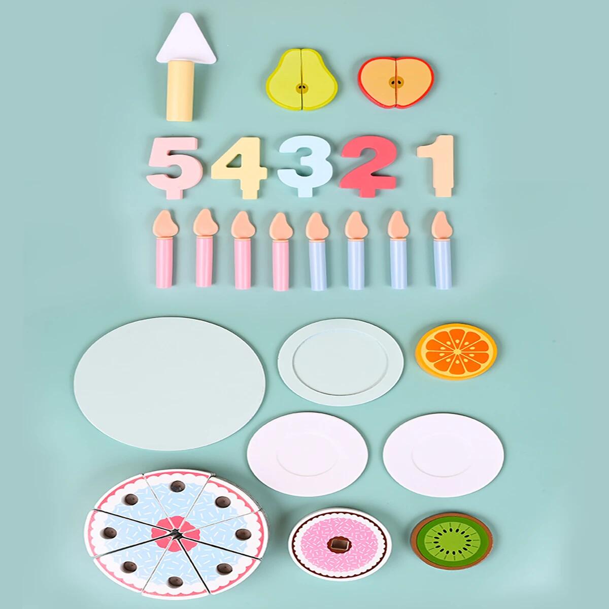 

Двухслойный торт ко дню рождения с деревянной имитацией, семейная кухонная игрушка для резки, можно использовать в качестве украшения или подарка