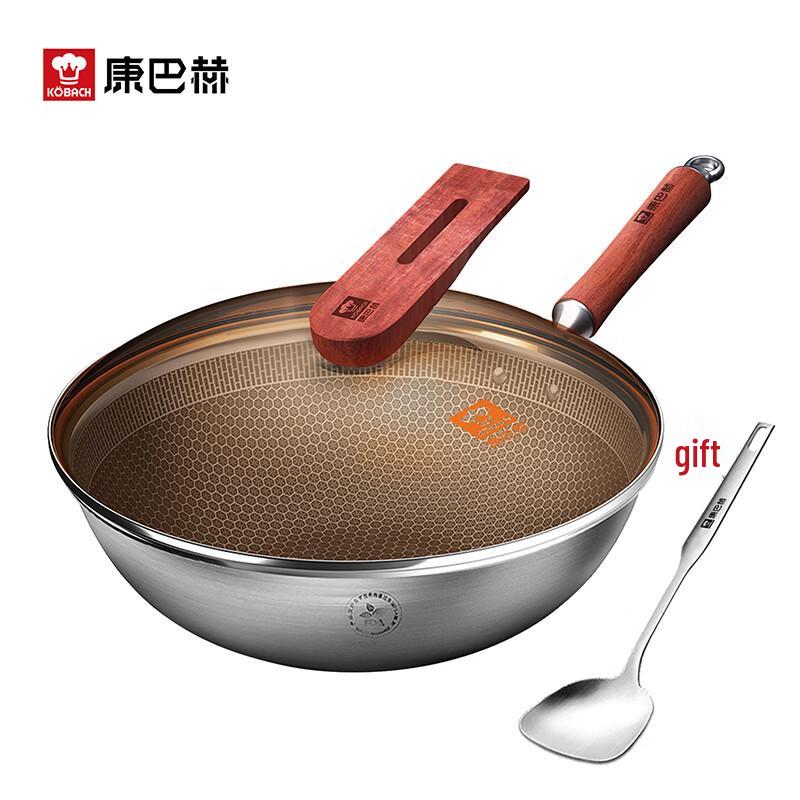 KOBACH 32cm 304 Stainless Steel Honeycomb Wok with Spatula