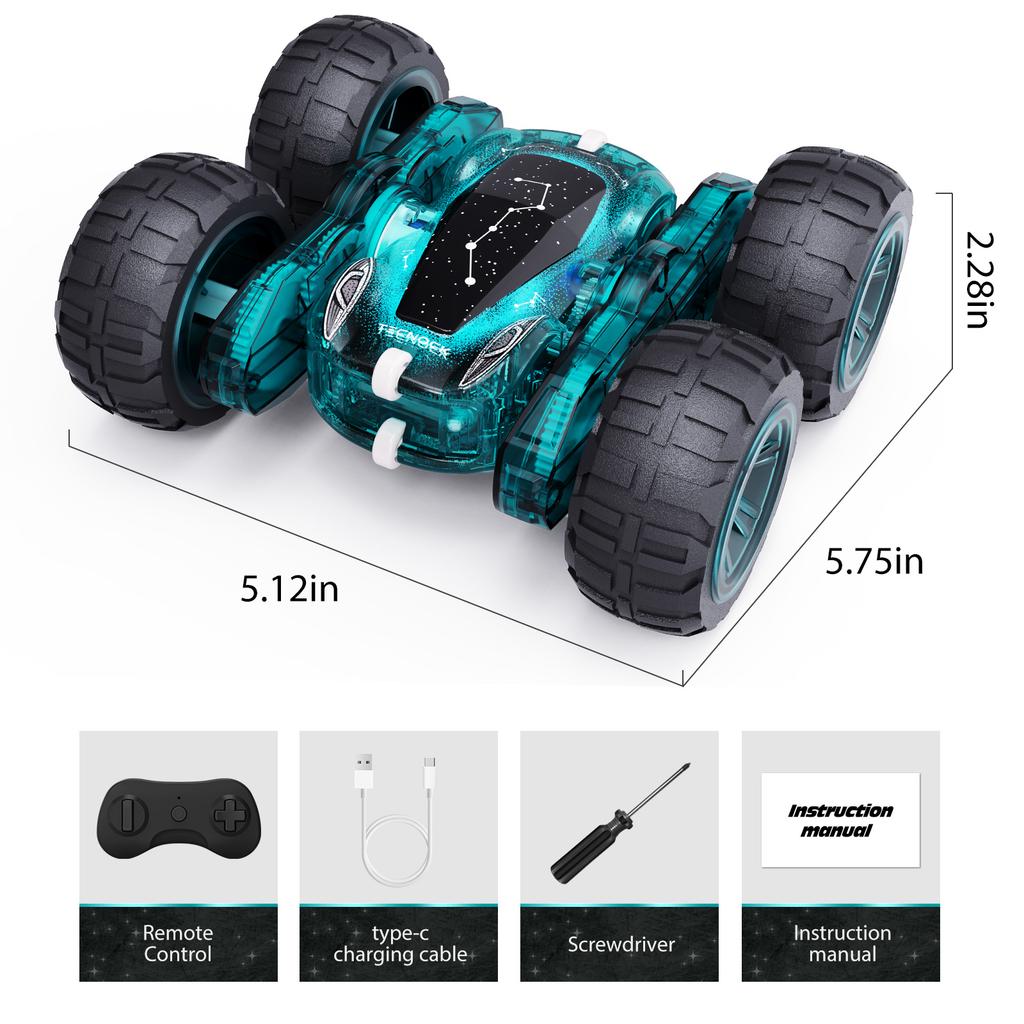 Remote Control Car with Lights, Type-C Fast Charging, 2.4GHz Double Sided Flips RC Cars, 360° Rotates RC Stunt Car Toys for Kids