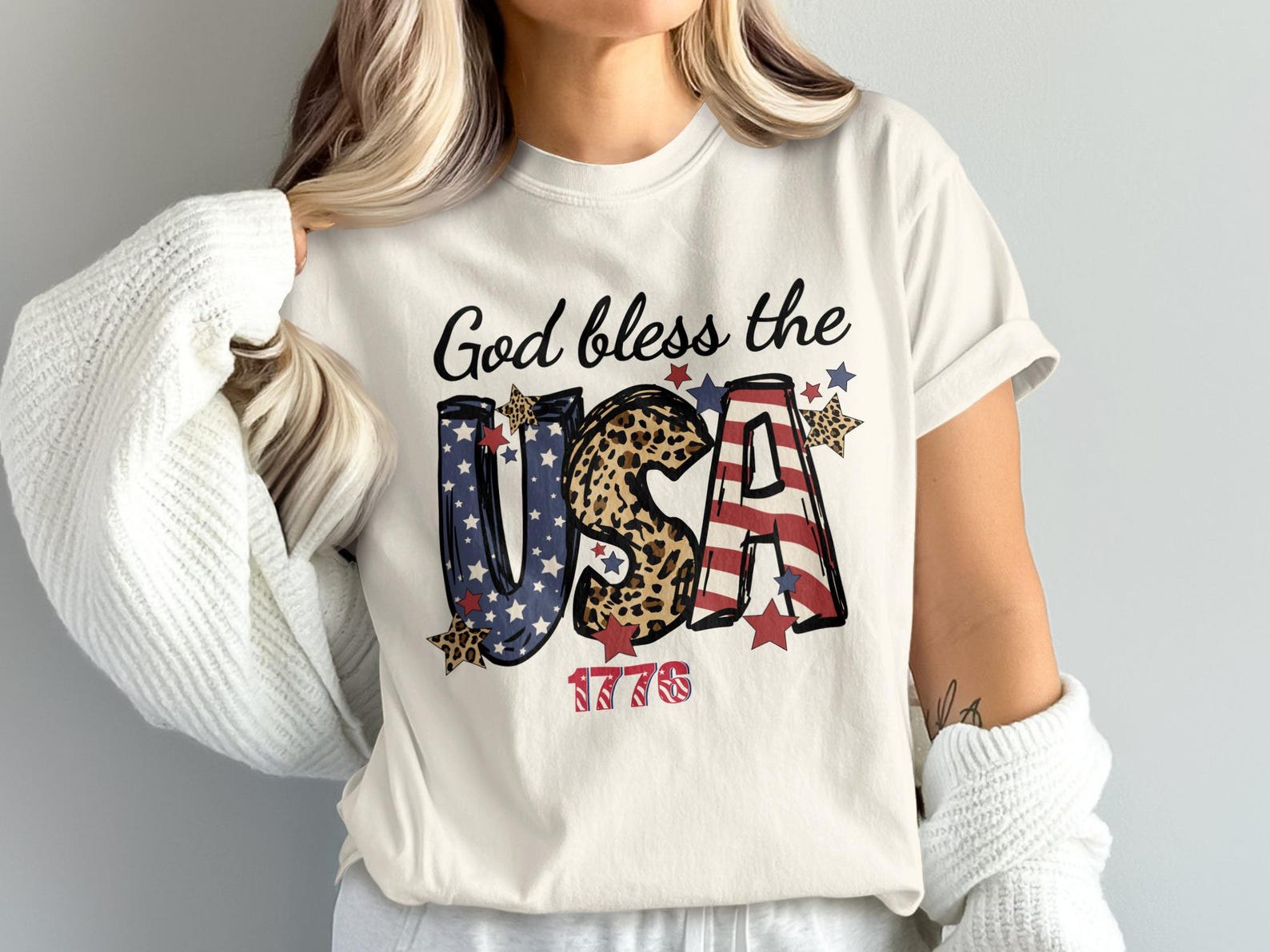 God Bless the USA T-Shirt, Leopard Print Flag Tee, Patriotic 1776 Independence Day S