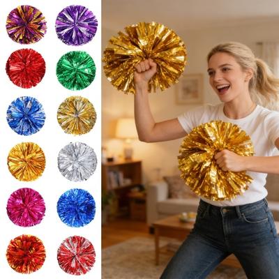 2 Pcs Cheerleader Pom Poms Metallic Holographic Cheer Pom Poms with Handle Ring for Sports Team Spirit Party Squad Dance Training