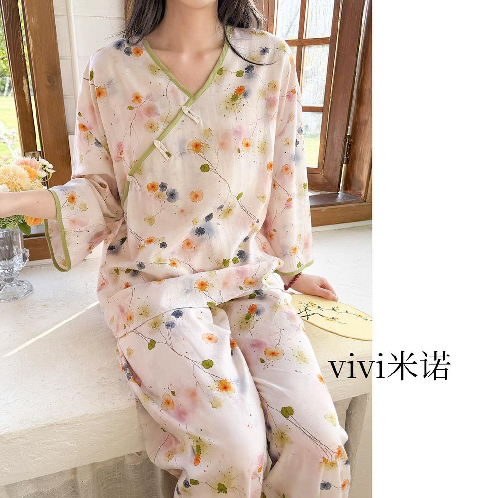 Cotton and silk pajamas women's spring and summer thin seven-quarter-sleeved floral loungewear new Chinese style national style can be worn outside
