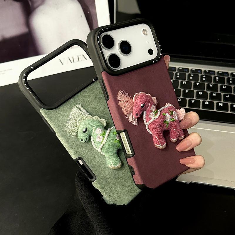 3D Cartoon Embroidered Horse Phone Case for Apple 17 Pro/16 with Silk Screen Large Hole Design
